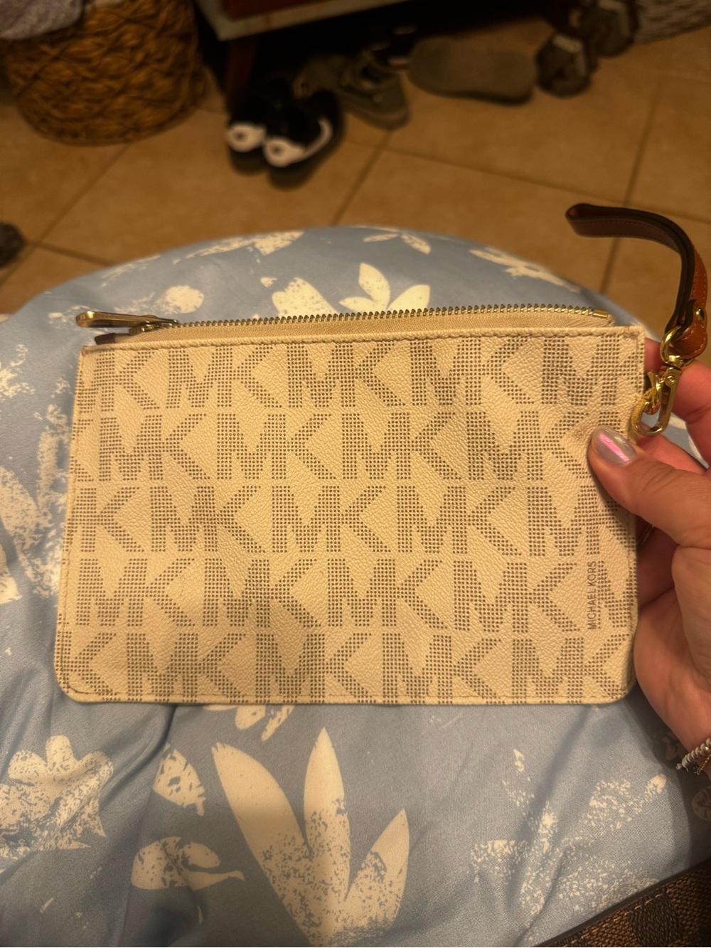 Michael Kors Beige Logo Canvas Wristlet with Gold Hardware